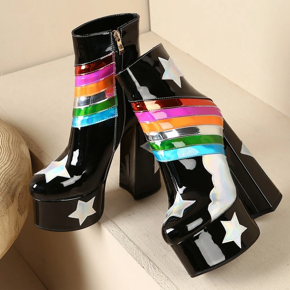 【JOCHEBED HU】Rainbow Super High Platform Short Boots for Women Sky Clouds Thick Bottom Leather Long Designer Zipper Sexy 36-43