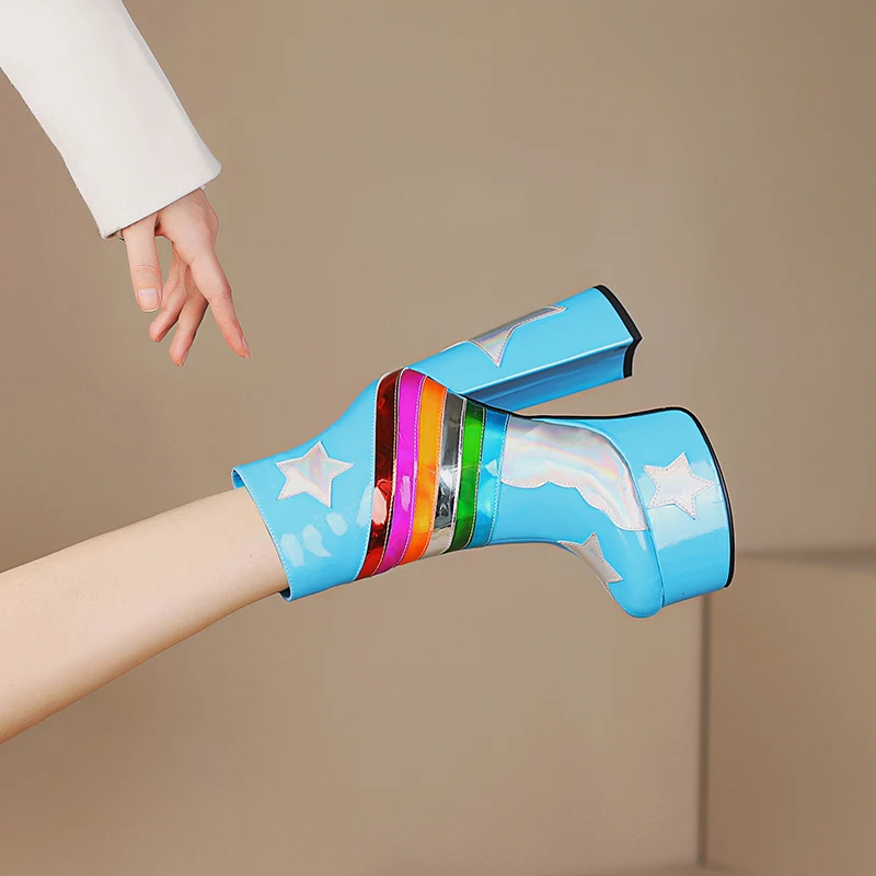 【JOCHEBED HU】Rainbow Super High Platform Short Boots for Women Sky Clouds Thick Bottom Leather Long Designer Zipper Sexy 36-43