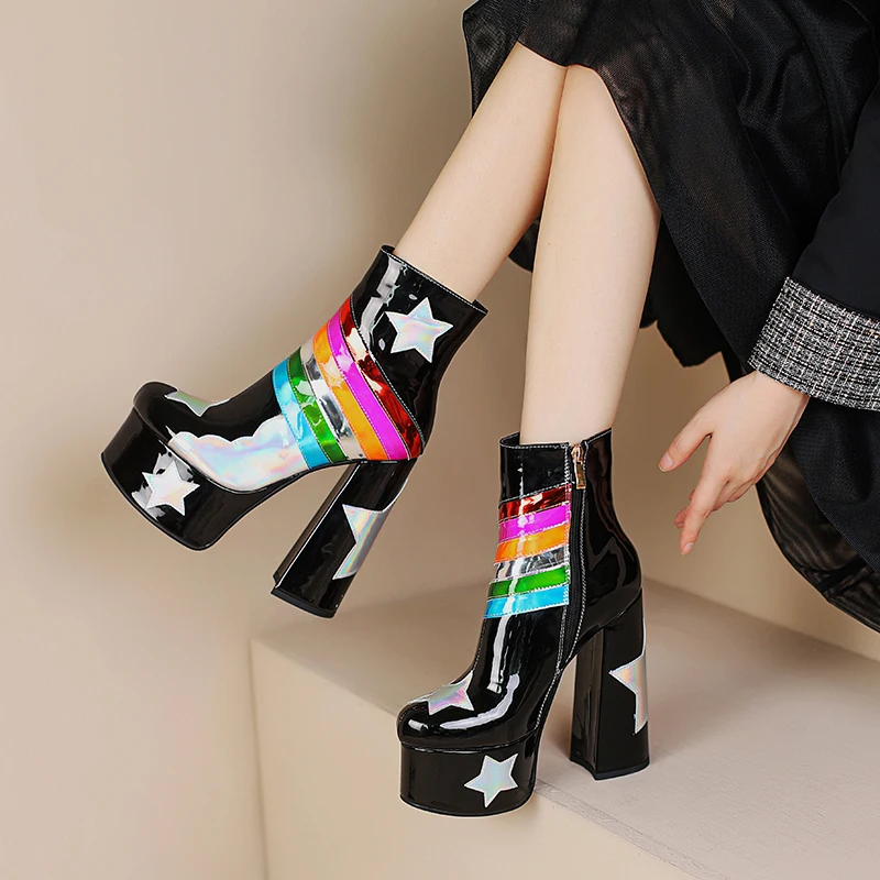 【JOCHEBED HU】Rainbow Super High Platform Short Boots for Women Sky Clouds Thick Bottom Leather Long Designer Zipper Sexy 36-43