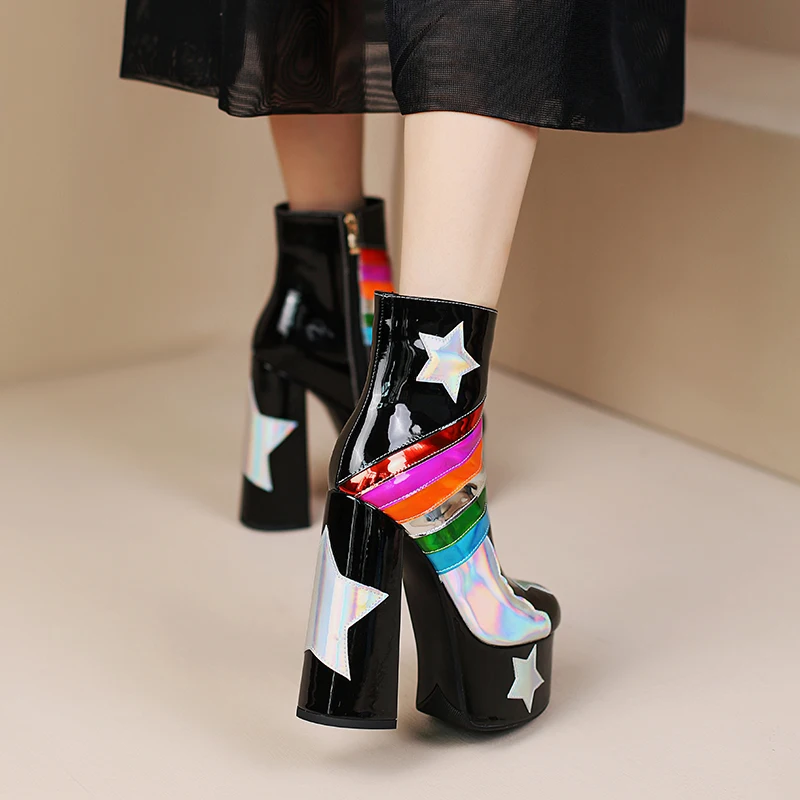 【JOCHEBED HU】Rainbow Super High Platform Short Boots for Women Sky Clouds Thick Bottom Leather Long Designer Zipper Sexy 36-43