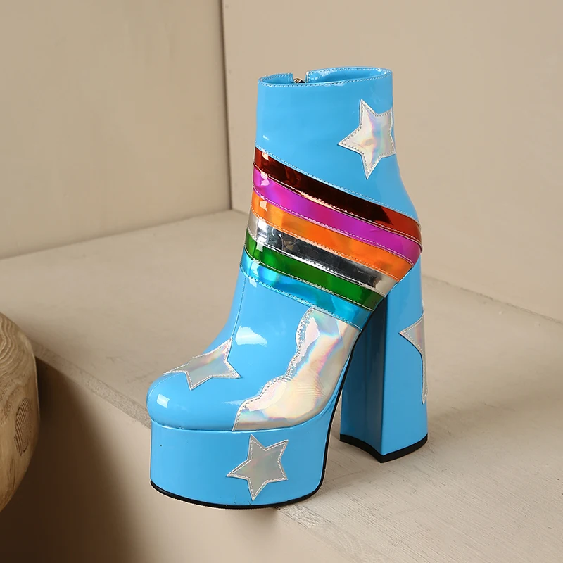 【JOCHEBED HU】Rainbow Super High Platform Short Boots for Women Sky Clouds Thick Bottom Leather Long Designer Zipper Sexy 36-43