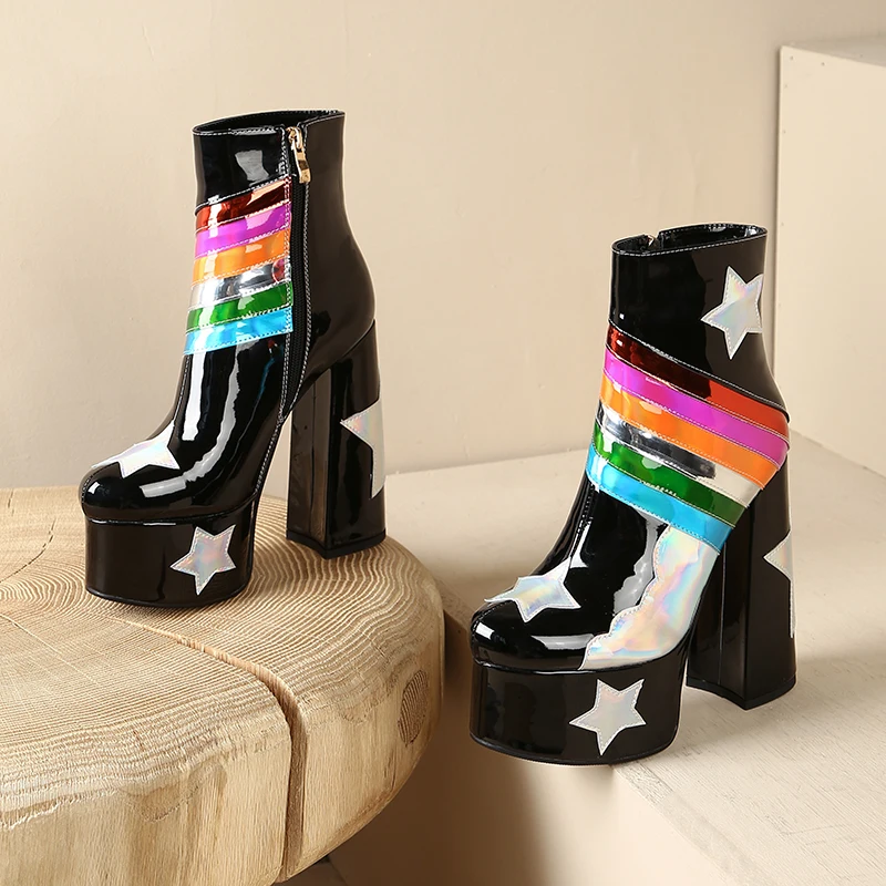 【JOCHEBED HU】Rainbow Super High Platform Short Boots for Women Sky Clouds Thick Bottom Leather Long Designer Zipper Sexy 36-43