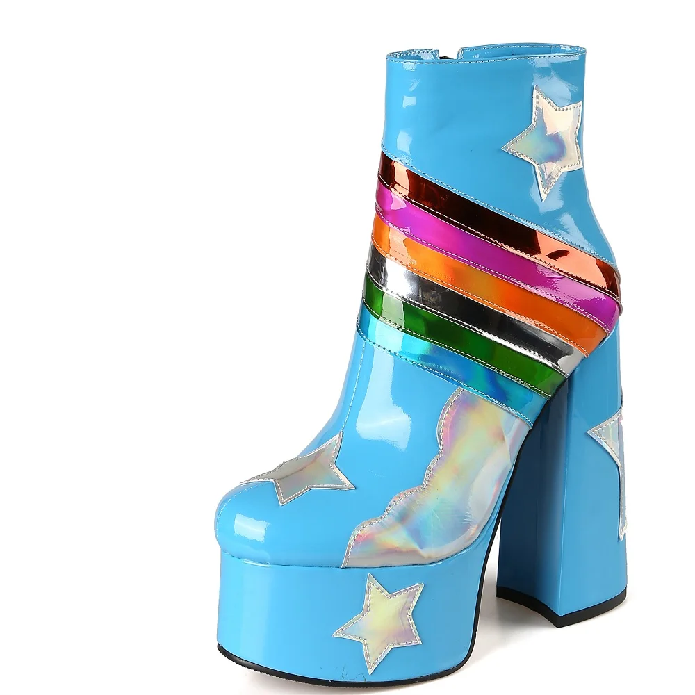 【JOCHEBED HU】Rainbow Super High Platform Short Boots for Women Sky Clouds Thick Bottom Leather Long Designer Zipper Sexy 36-43