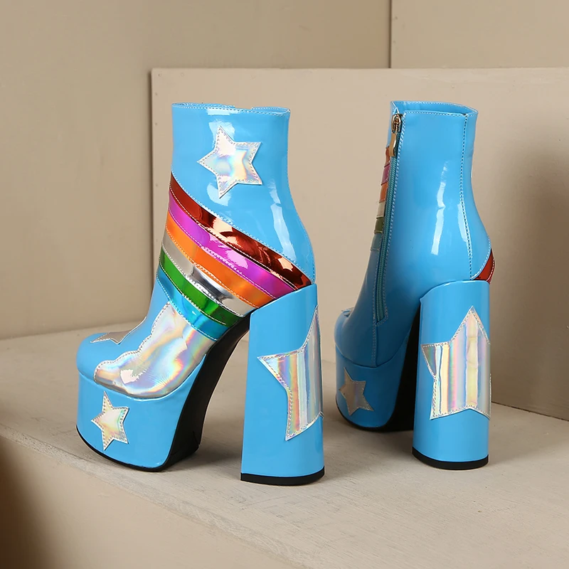 【JOCHEBED HU】Rainbow Super High Platform Short Boots for Women Sky Clouds Thick Bottom Leather Long Designer Zipper Sexy 36-43