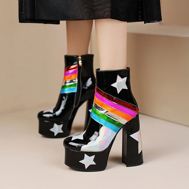 【JOCHEBED HU】Rainbow Super High Platform Short Boots for Women Sky Clouds Thick Bottom Leather Long Designer Zipper Sexy 36-43