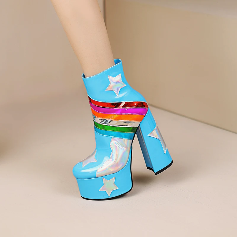 【JOCHEBED HU】Rainbow Super High Platform Short Boots for Women Sky Clouds Thick Bottom Leather Long Designer Zipper Sexy 36-43
