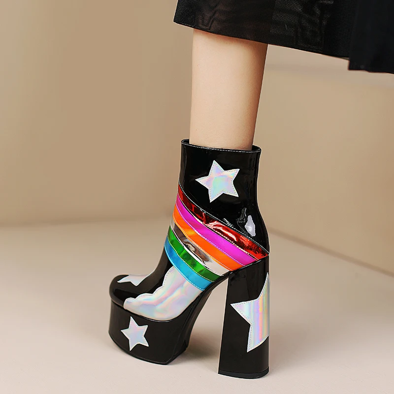【JOCHEBED HU】Rainbow Super High Platform Short Boots for Women Sky Clouds Thick Bottom Leather Long Designer Zipper Sexy 36-43
