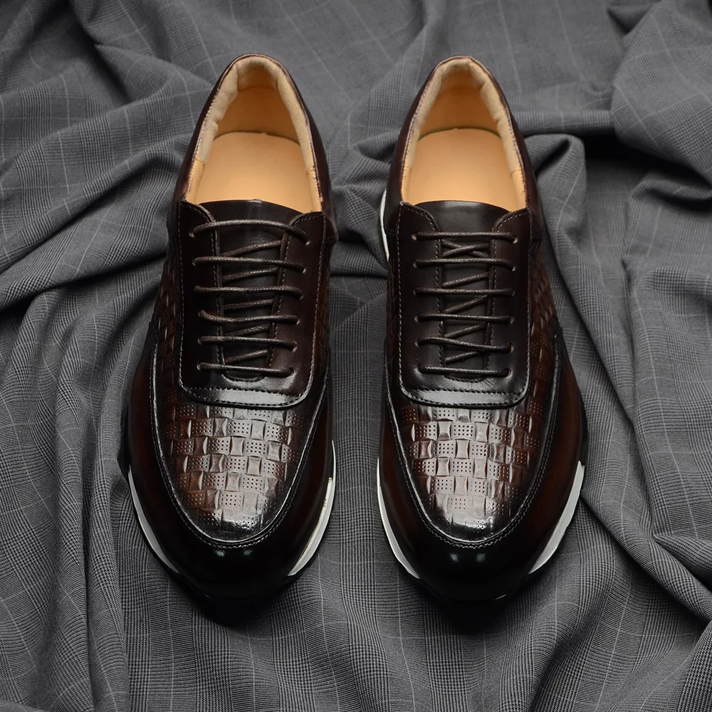 Luxury Autumn Winter Men's Leather Oxford Shoes Plaid Pattern Natural Genuine Leather Lace-up Sneakers Business Casual Shoes