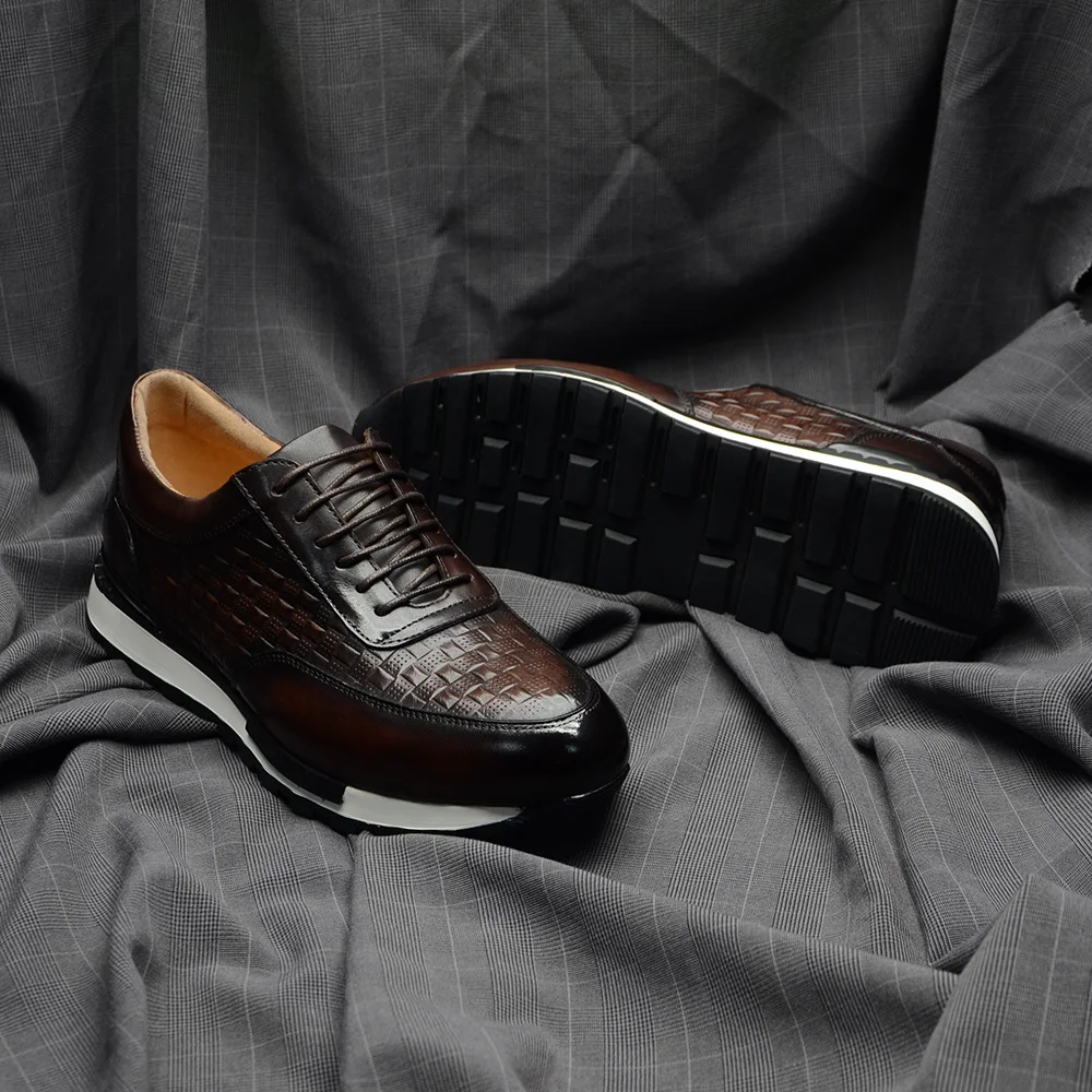 Luxury Autumn Winter Men's Leather Oxford Shoes Plaid Pattern Natural Genuine Leather Lace-up Sneakers Business Casual Shoes