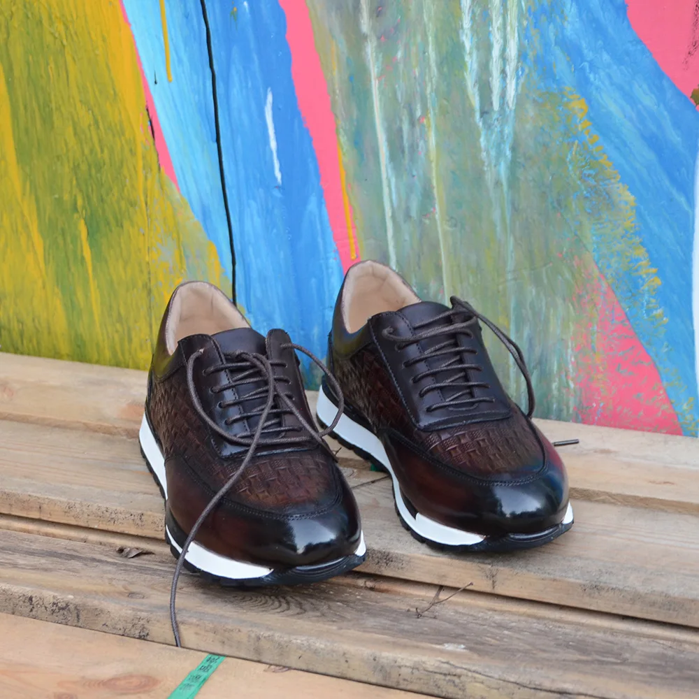 Luxury Autumn Winter Men's Leather Oxford Shoes Plaid Pattern Natural Genuine Leather Lace-up Sneakers Business Casual Shoes