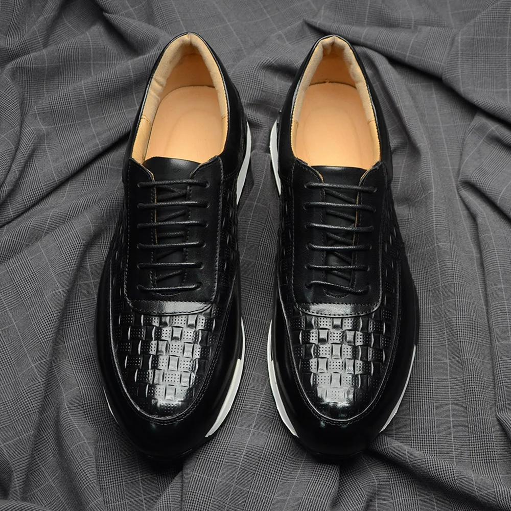 Luxury Autumn Winter Men's Leather Oxford Shoes Plaid Pattern Natural Genuine Leather Lace-up Sneakers Business Casual Shoes