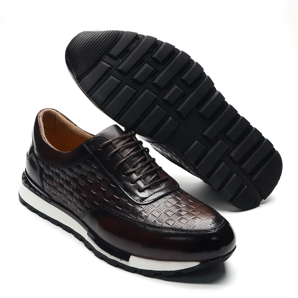 Luxury Autumn Winter Men's Leather Oxford Shoes Plaid Pattern Natural Genuine Leather Lace-up Sneakers Business Casual Shoes