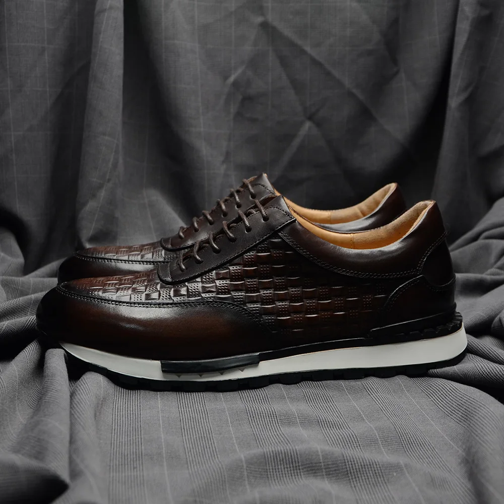 Luxury Autumn Winter Men's Leather Oxford Shoes Plaid Pattern Natural Genuine Leather Lace-up Sneakers Business Casual Shoes