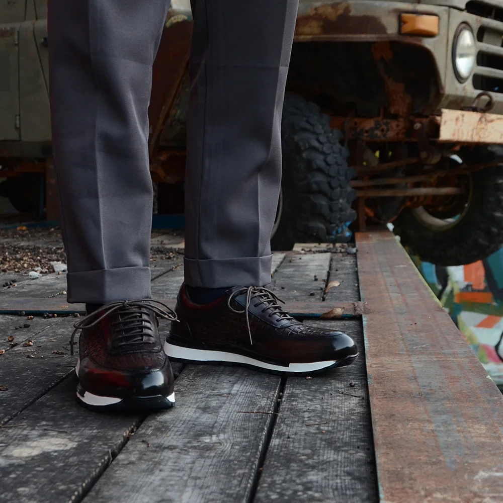 Luxury Autumn Winter Men's Leather Oxford Shoes Plaid Pattern Natural Genuine Leather Lace-up Sneakers Business Casual Shoes