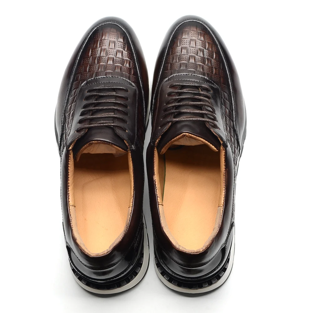 Luxury Autumn Winter Men's Leather Oxford Shoes Plaid Pattern Natural Genuine Leather Lace-up Sneakers Business Casual Shoes