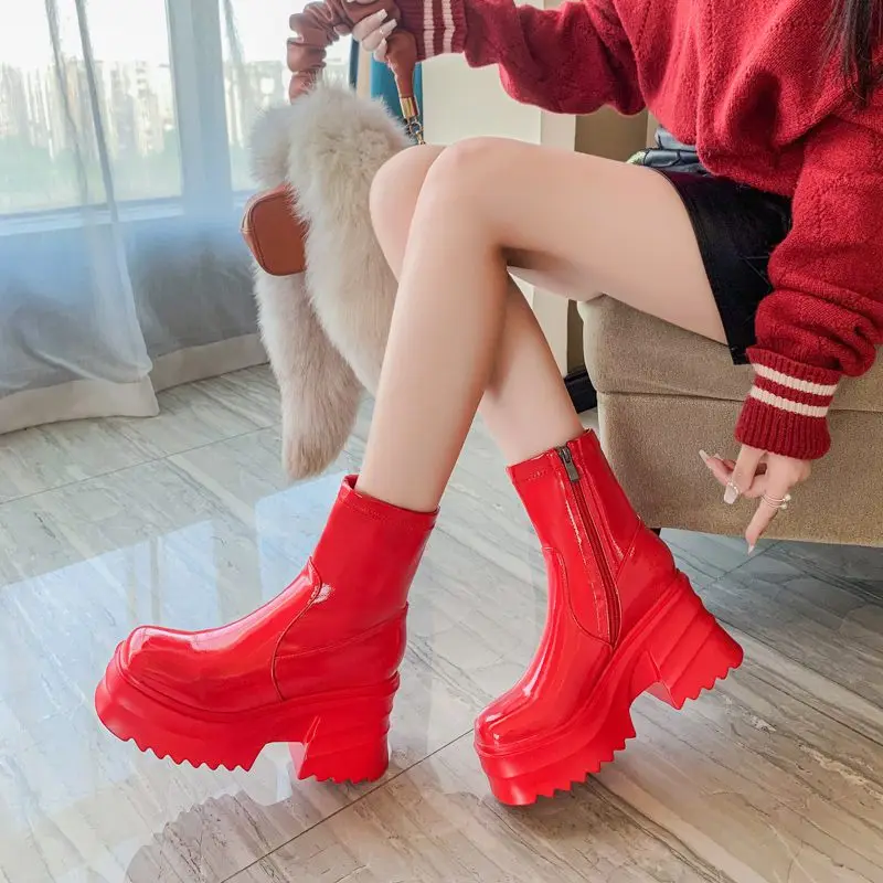 SIMLOVEYO Patent Leather Women Ankle Boots Toe Chunky Heels 9cm Platform Hill Size 42 43 Fashion Party Booty