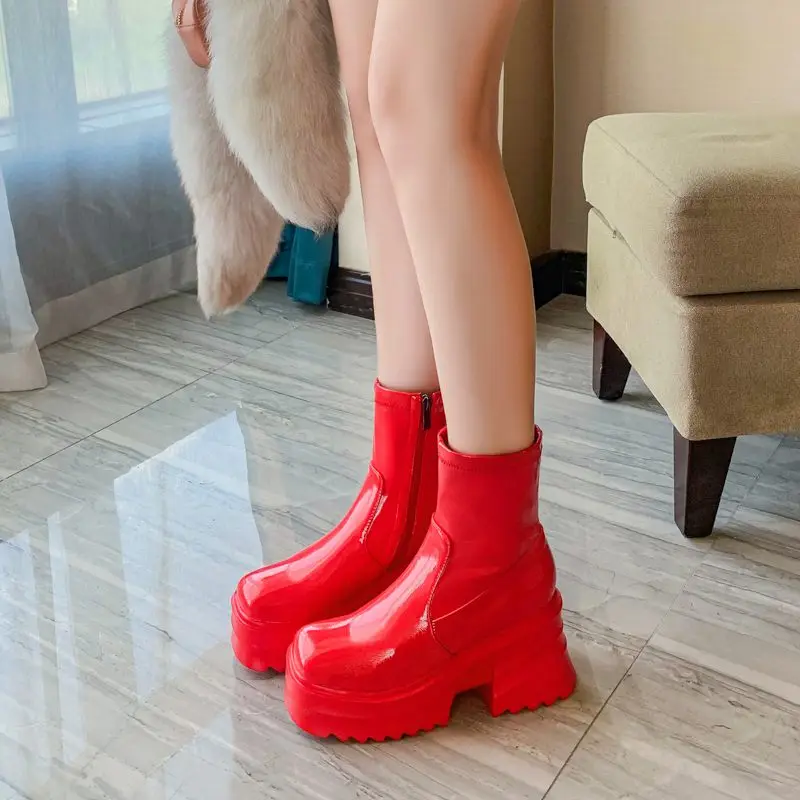 SIMLOVEYO Patent Leather Women Ankle Boots Toe Chunky Heels 9cm Platform Hill Size 42 43 Fashion Party Booty