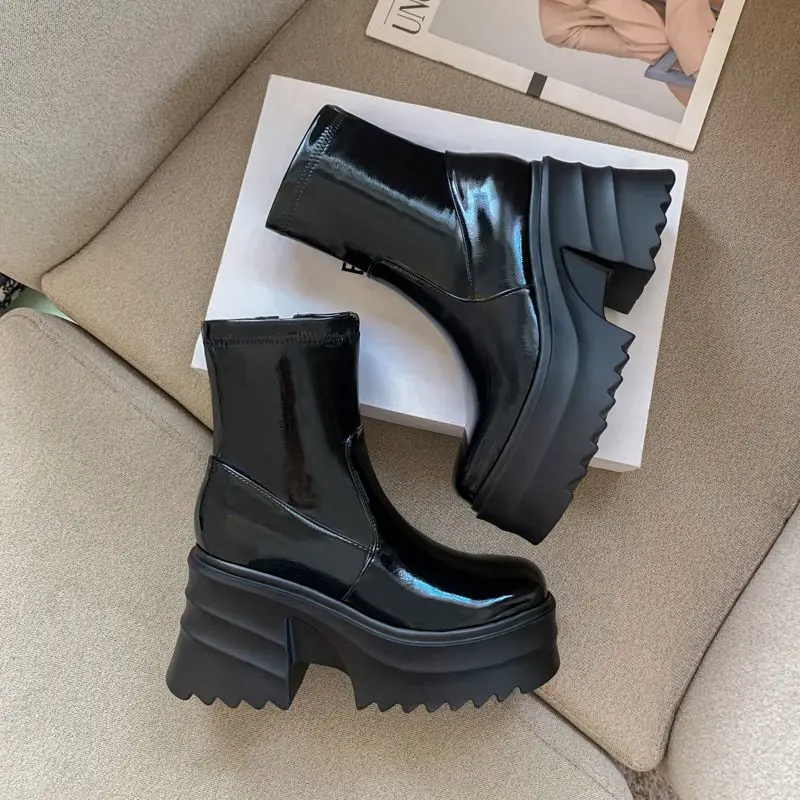 SIMLOVEYO Patent Leather Women Ankle Boots Toe Chunky Heels 9cm Platform Hill Size 42 43 Fashion Party Booty