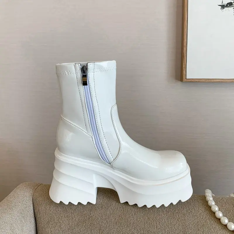 SIMLOVEYO Patent Leather Women Ankle Boots Toe Chunky Heels 9cm Platform Hill Size 42 43 Fashion Party Booty