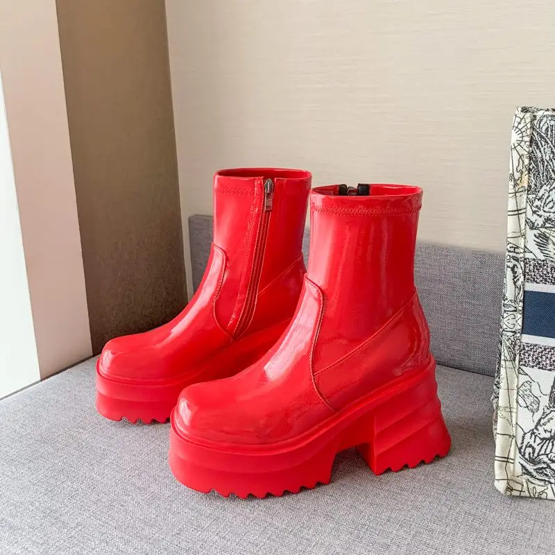 SIMLOVEYO Patent Leather Women Ankle Boots Toe Chunky Heels 9cm Platform Hill Size 42 43 Fashion Party Booty