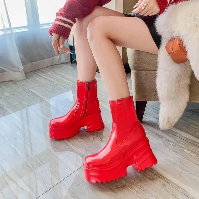 SIMLOVEYO Patent Leather Women Ankle Boots Toe Chunky Heels 9cm Platform Hill Size 42 43 Fashion Party Booty
