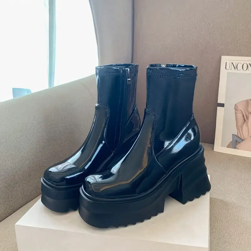 SIMLOVEYO Patent Leather Women Ankle Boots Toe Chunky Heels 9cm Platform Hill Size 42 43 Fashion Party Booty