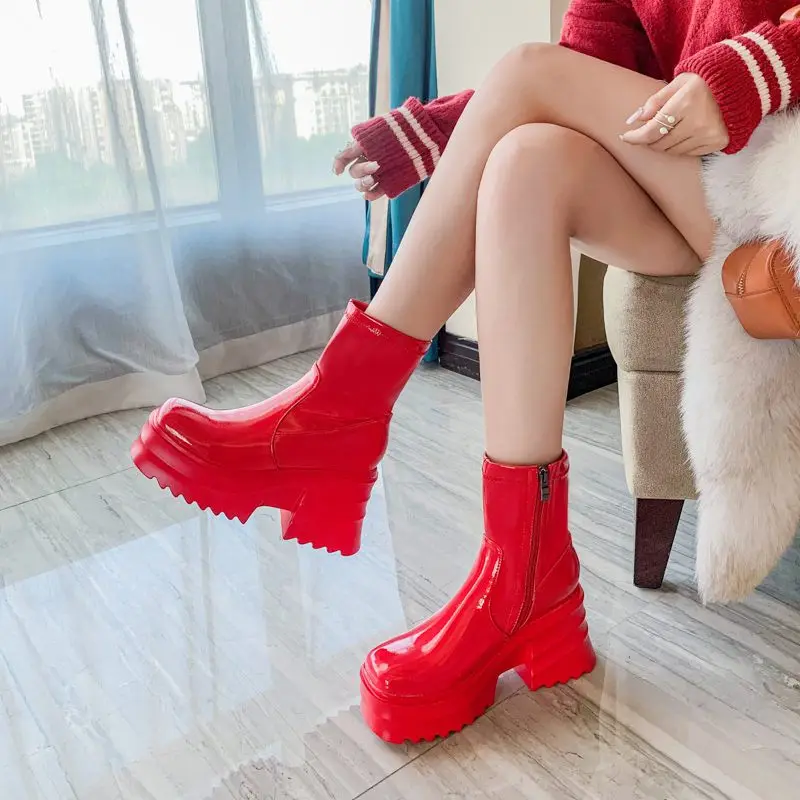 SIMLOVEYO Patent Leather Women Ankle Boots Toe Chunky Heels 9cm Platform Hill Size 42 43 Fashion Party Booty