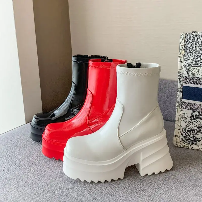 SIMLOVEYO Patent Leather Women Ankle Boots Toe Chunky Heels 9cm Platform Hill Size 42 43 Fashion Party Booty
