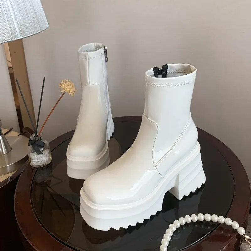 SIMLOVEYO Patent Leather Women Ankle Boots Toe Chunky Heels 9cm Platform Hill Size 42 43 Fashion Party Booty