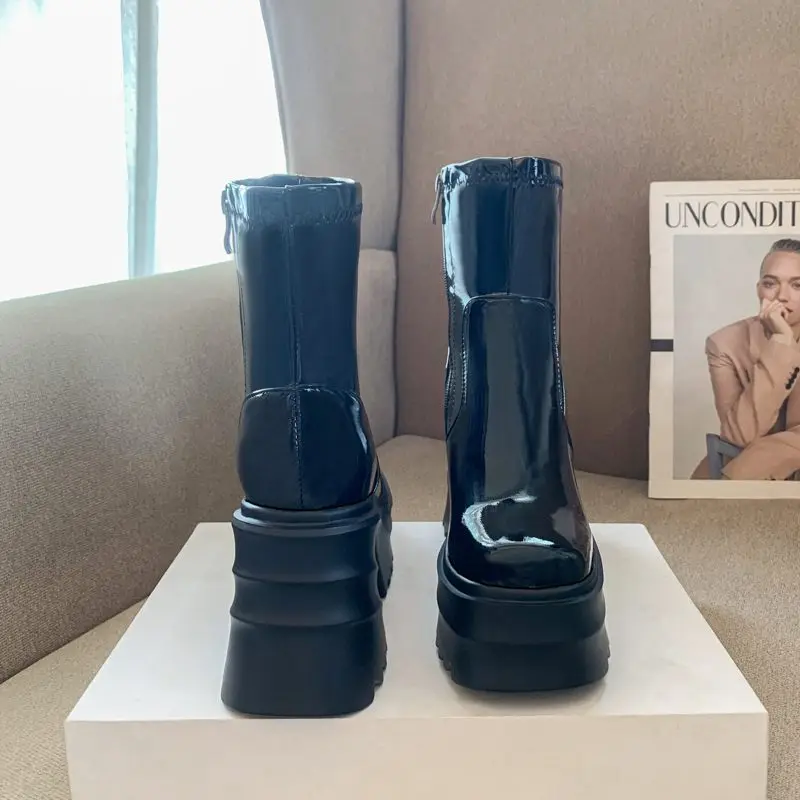 SIMLOVEYO Patent Leather Women Ankle Boots Toe Chunky Heels 9cm Platform Hill Size 42 43 Fashion Party Booty