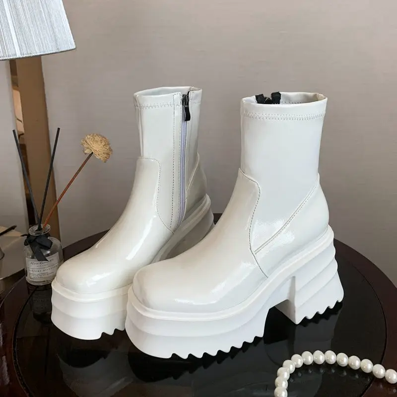 SIMLOVEYO Patent Leather Women Ankle Boots Toe Chunky Heels 9cm Platform Hill Size 42 43 Fashion Party Booty