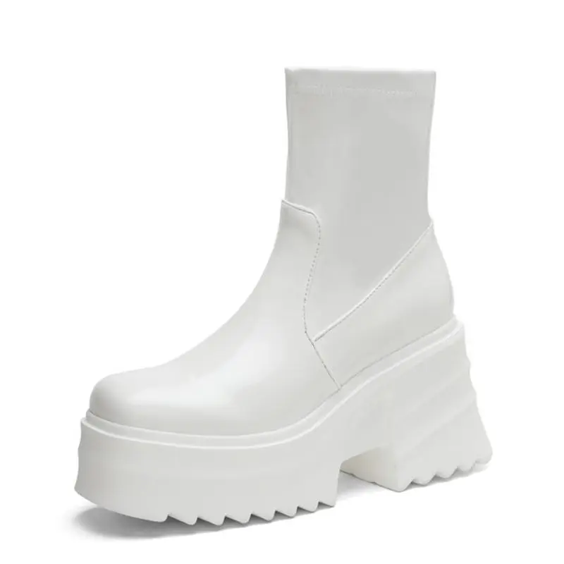 SIMLOVEYO Patent Leather Women Ankle Boots Toe Chunky Heels 9cm Platform Hill Size 42 43 Fashion Party Booty