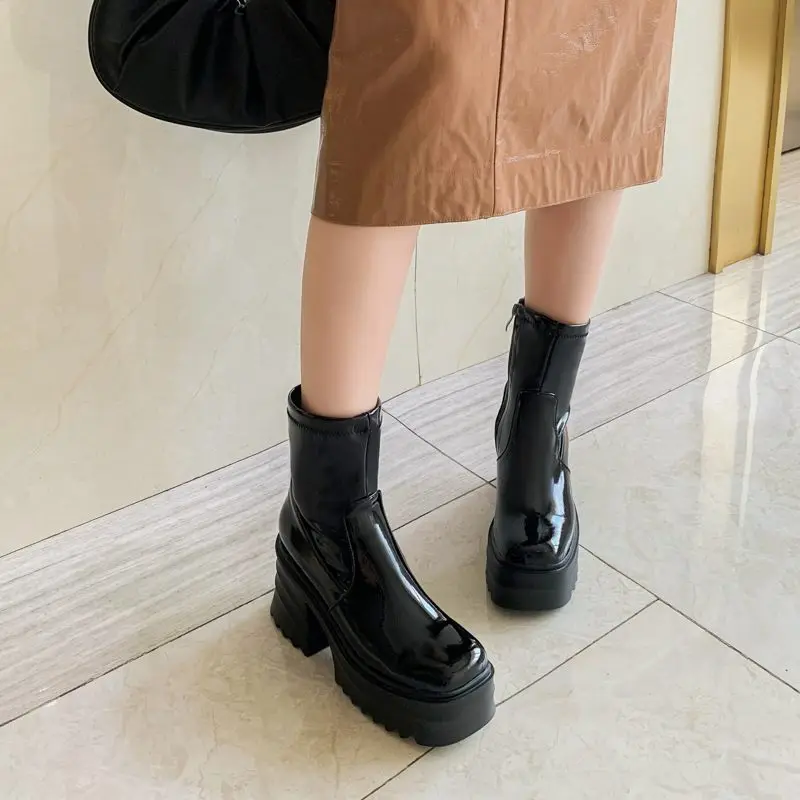 SIMLOVEYO Patent Leather Women Ankle Boots Toe Chunky Heels 9cm Platform Hill Size 42 43 Fashion Party Booty
