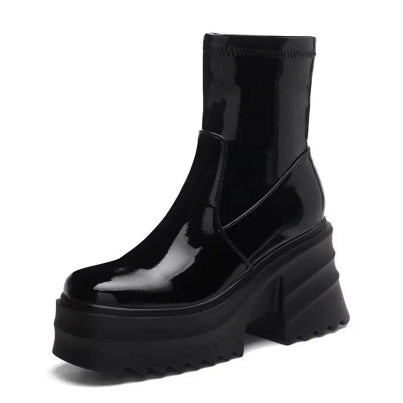 SIMLOVEYO Patent Leather Women Ankle Boots Toe Chunky Heels 9cm Platform Hill Size 42 43 Fashion Party Booty
