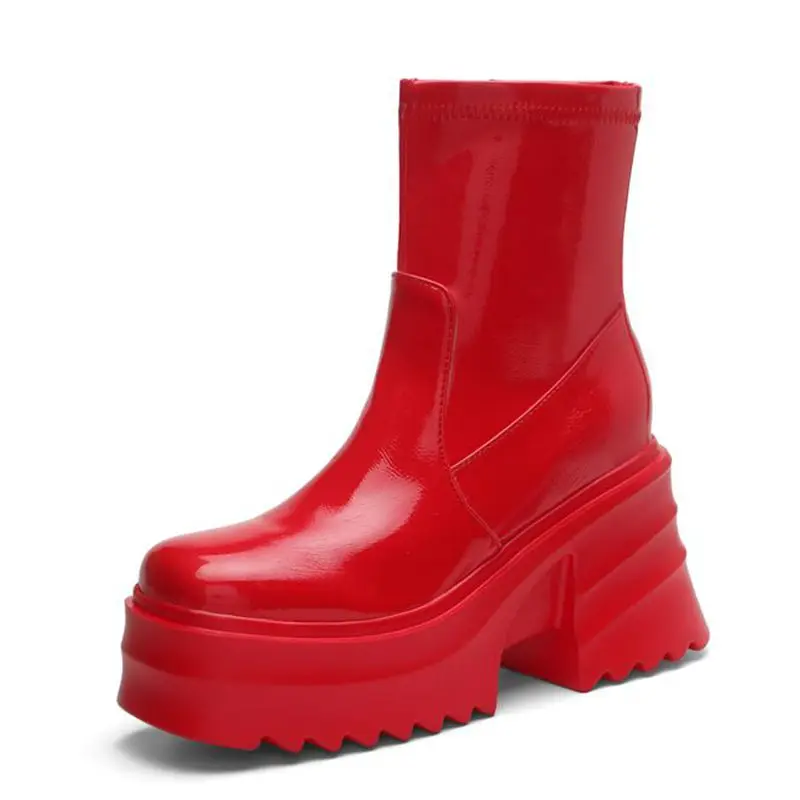 SIMLOVEYO Patent Leather Women Ankle Boots Toe Chunky Heels 9cm Platform Hill Size 42 43 Fashion Party Booty