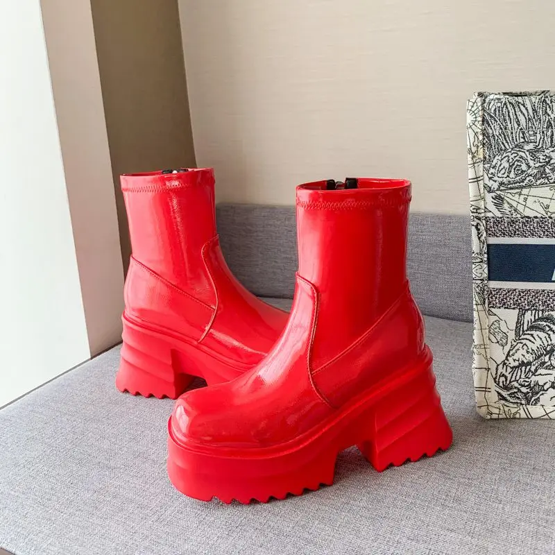 SIMLOVEYO Patent Leather Women Ankle Boots Toe Chunky Heels 9cm Platform Hill Size 42 43 Fashion Party Booty