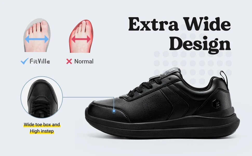 FitVille Men's Casual Leather Shoes Wide Width Walking Shoes Outdoor Lightweight for Swollen Feet Relieve Foot Pain