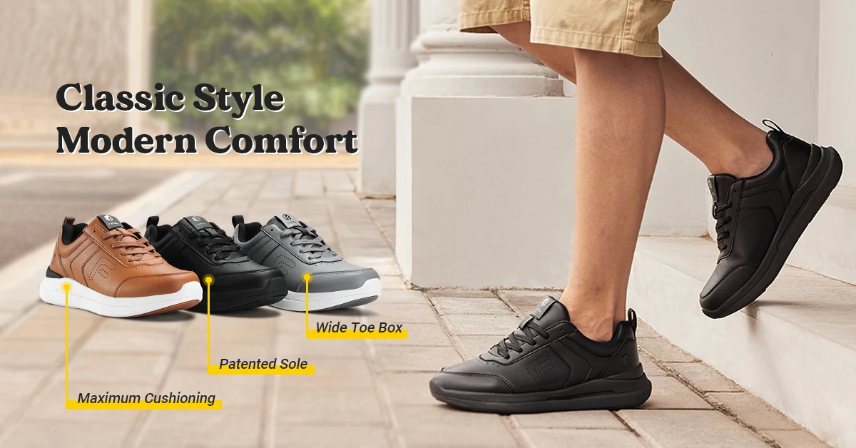 FitVille Men's Casual Leather Shoes Wide Width Walking Shoes Outdoor Lightweight for Swollen Feet Relieve Foot Pain