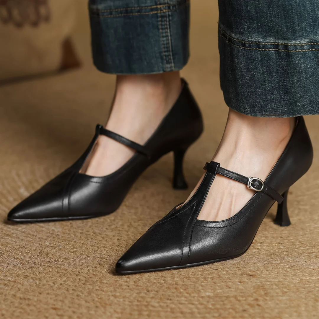 Women's cow leather metal buckle t-strap pointed toe slip-on pumps elegant ladies slim daily dress heeled shoes 2025 spring new