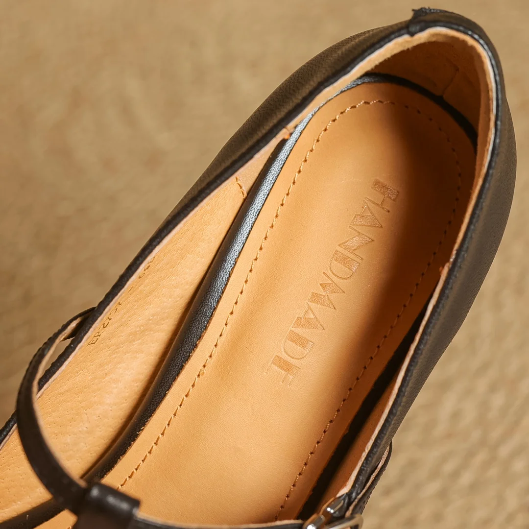 Women's cow leather metal buckle t-strap pointed toe slip-on pumps elegant ladies slim daily dress heeled shoes 2025 spring new