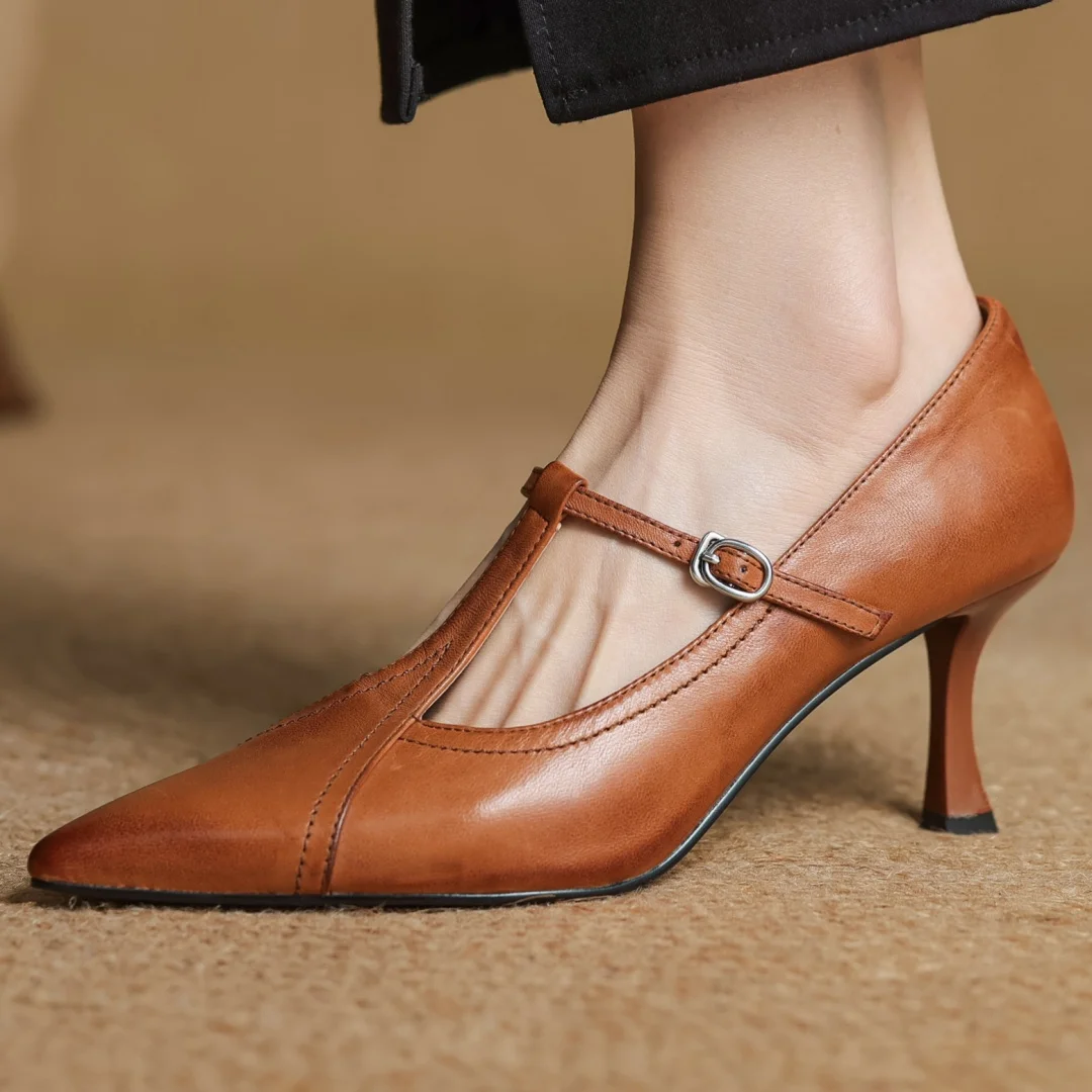 Women's cow leather metal buckle t-strap pointed toe slip-on pumps elegant ladies slim daily dress heeled shoes 2025 spring new