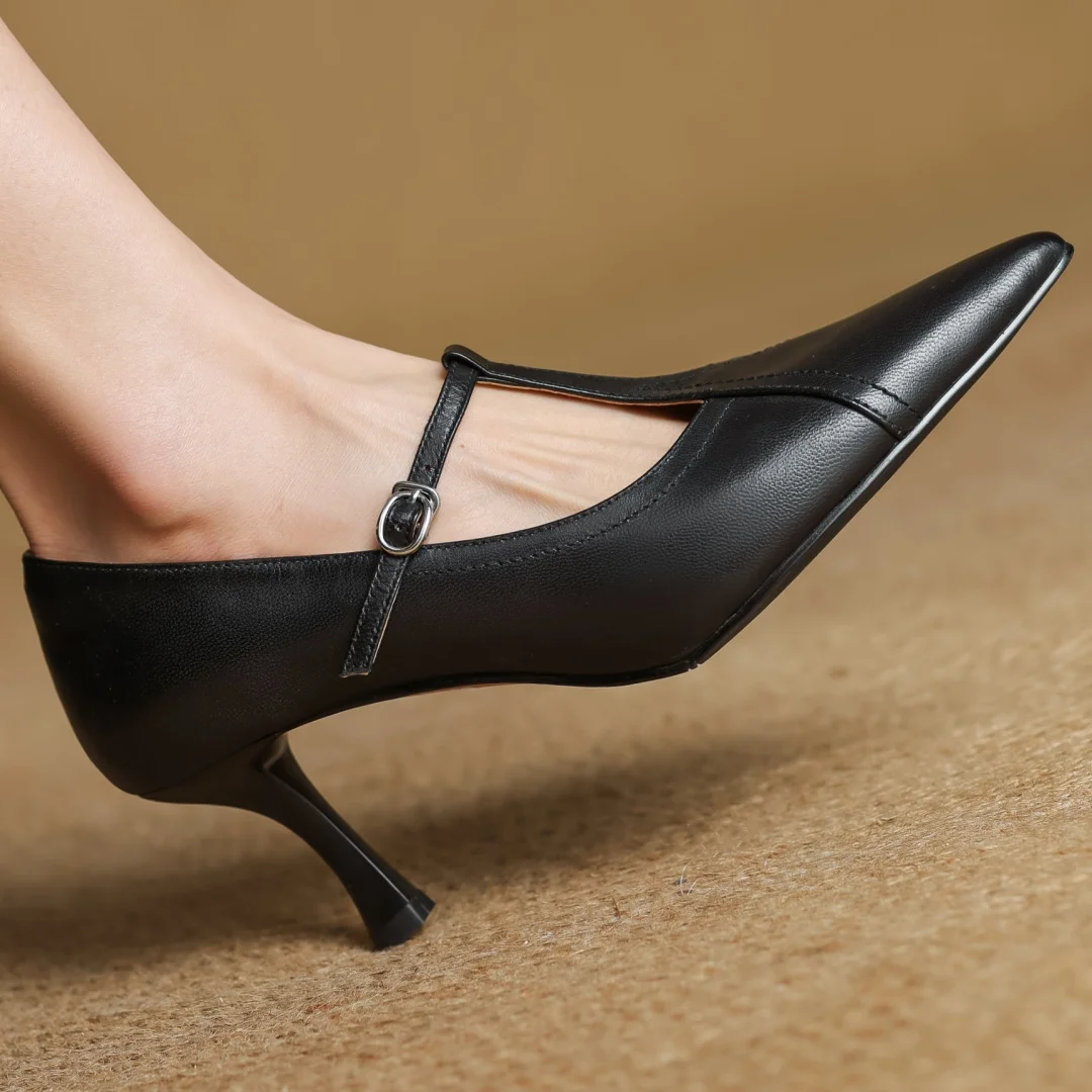 Women's cow leather metal buckle t-strap pointed toe slip-on pumps elegant ladies slim daily dress heeled shoes 2025 spring new
