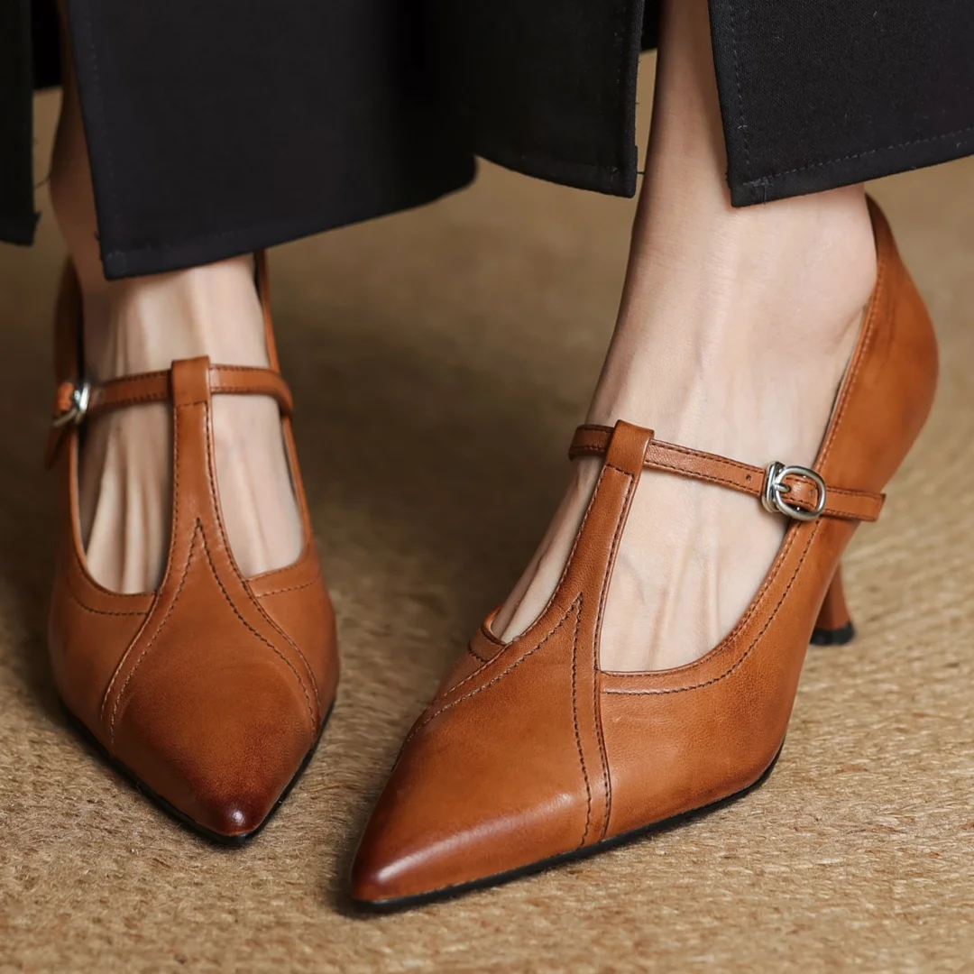 Women's cow leather metal buckle t-strap pointed toe slip-on pumps elegant ladies slim daily dress heeled shoes 2025 spring new
