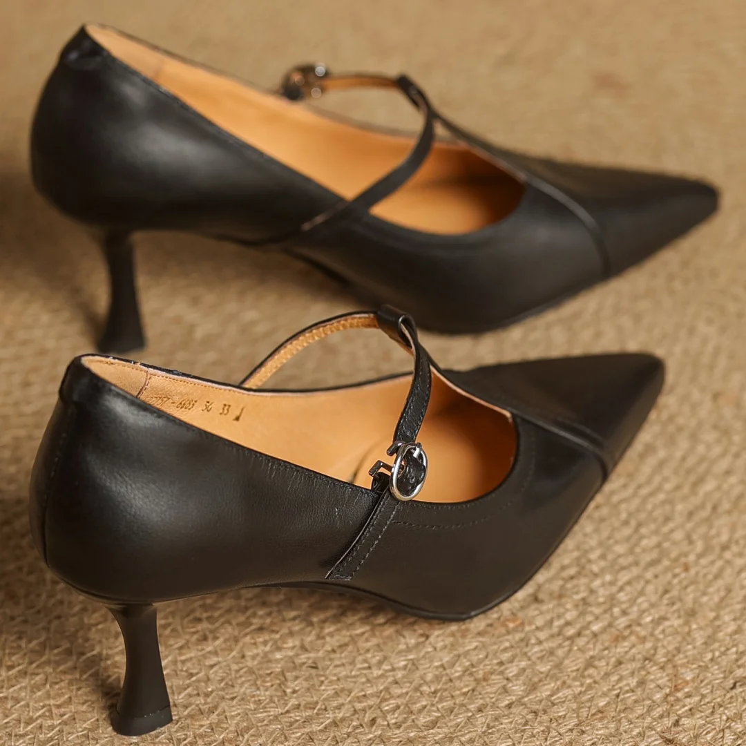 Women's cow leather metal buckle t-strap pointed toe slip-on pumps elegant ladies slim daily dress heeled shoes 2025 spring new