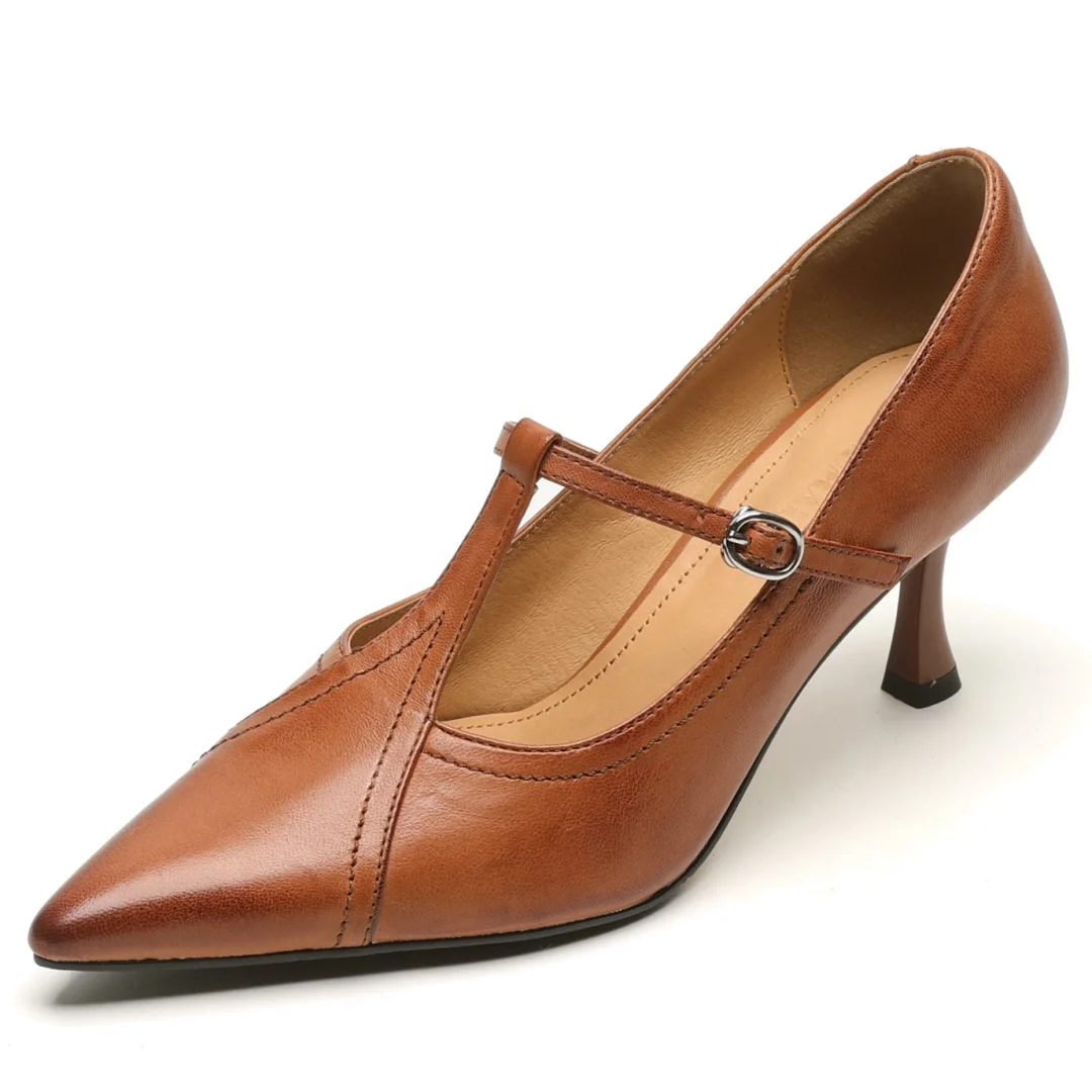 Women's cow leather metal buckle t-strap pointed toe slip-on pumps elegant ladies slim daily dress heeled shoes 2025 spring new