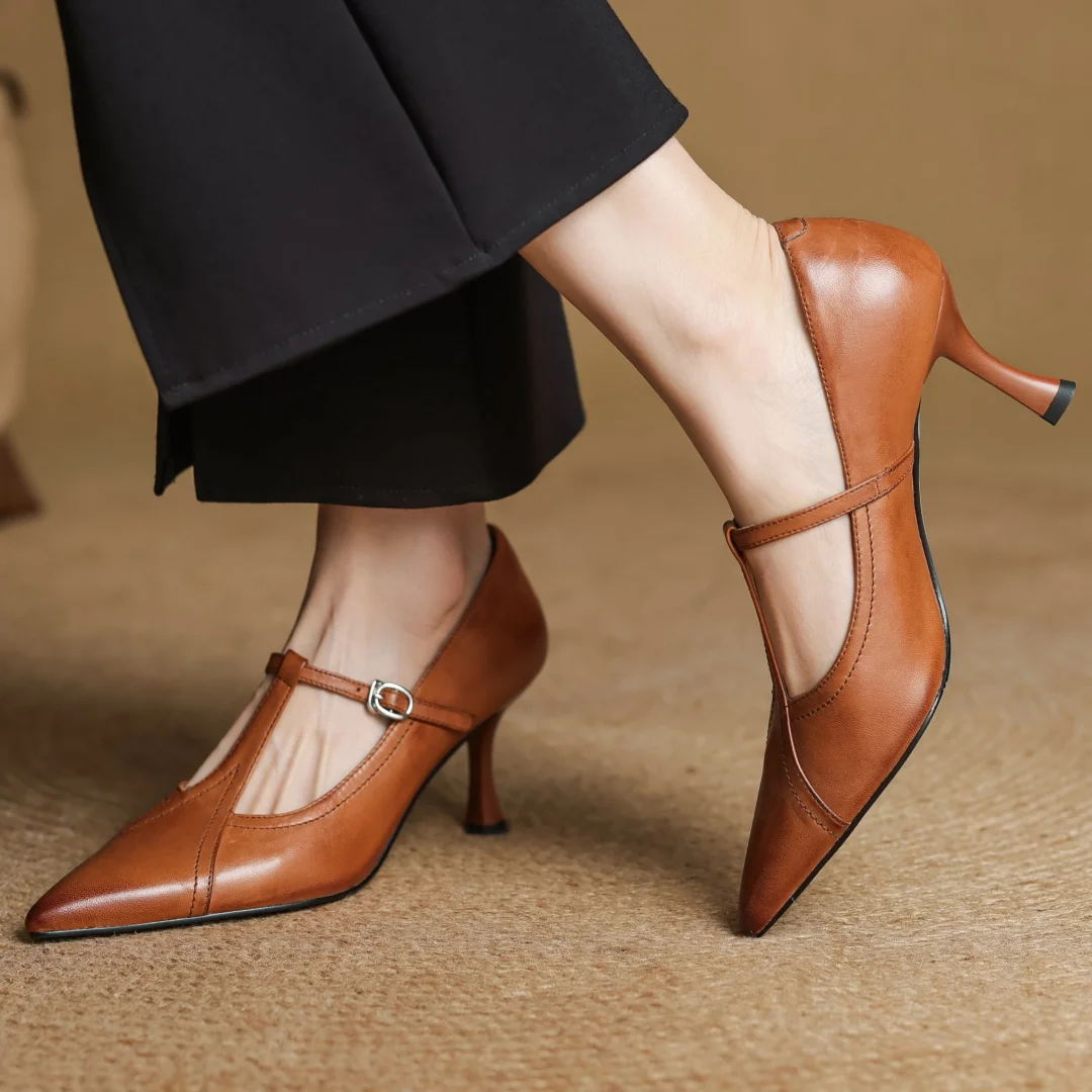 Women's cow leather metal buckle t-strap pointed toe slip-on pumps elegant ladies slim daily dress heeled shoes 2025 spring new