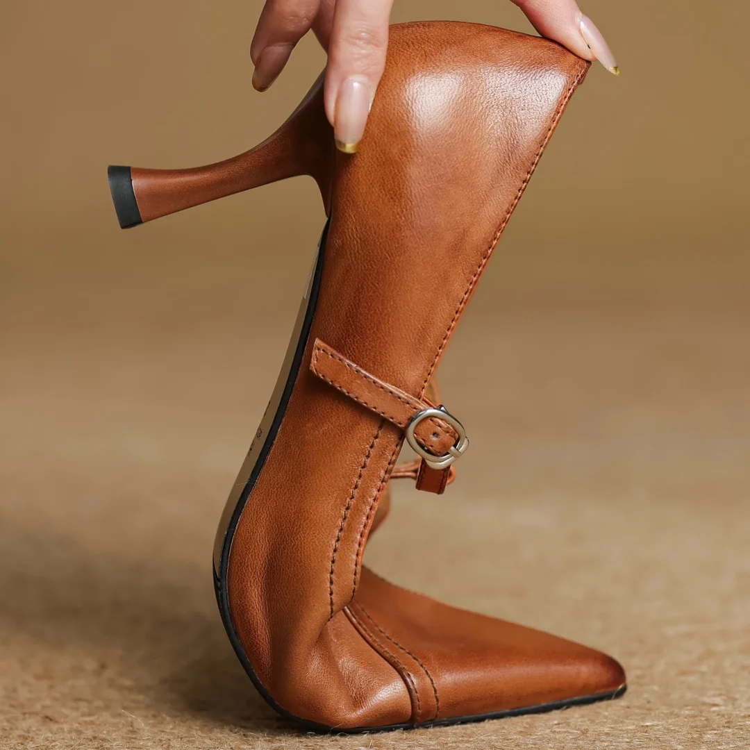 Women's cow leather metal buckle t-strap pointed toe slip-on pumps elegant ladies slim daily dress heeled shoes 2025 spring new