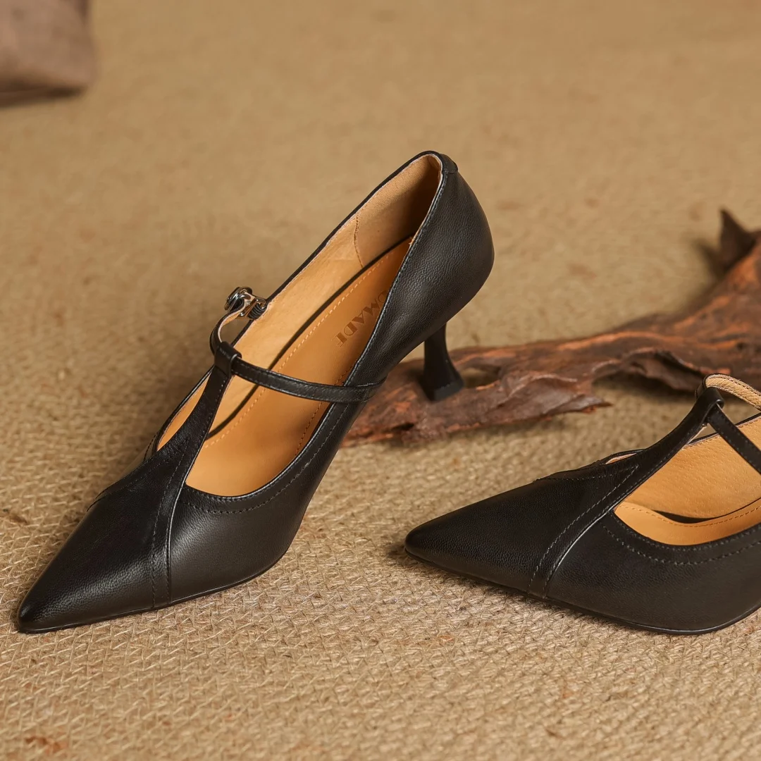 Women's cow leather metal buckle t-strap pointed toe slip-on pumps elegant ladies slim daily dress heeled shoes 2025 spring new