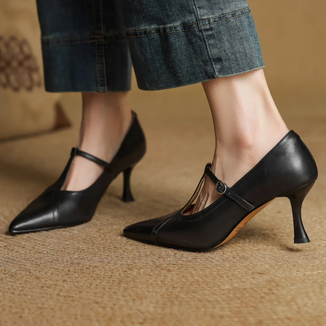 Women's cow leather metal buckle t-strap pointed toe slip-on pumps elegant ladies slim daily dress heeled shoes 2025 spring new