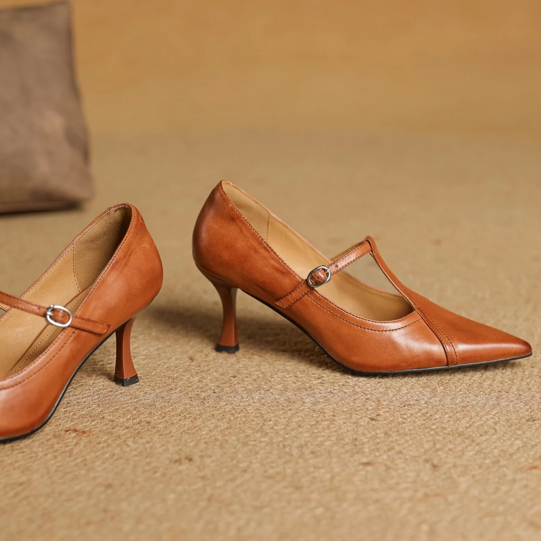 Women's cow leather metal buckle t-strap pointed toe slip-on pumps elegant ladies slim daily dress heeled shoes 2025 spring new